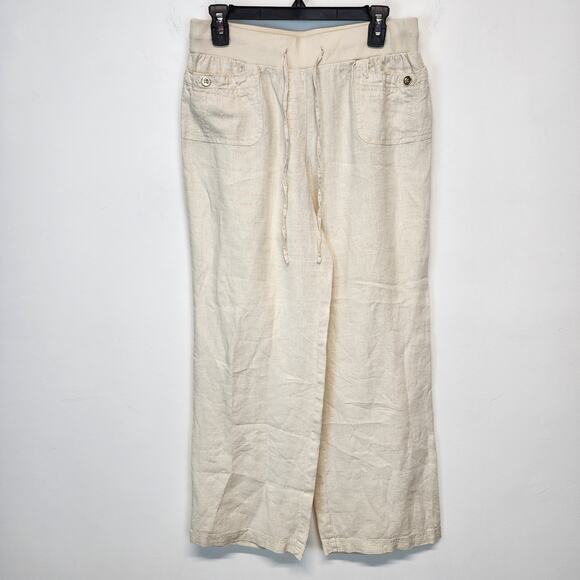 JM Collection Wide Leg Linen Pants Size 8 Cream Pull On Elastic Waist Casual - Picture 1 of 10